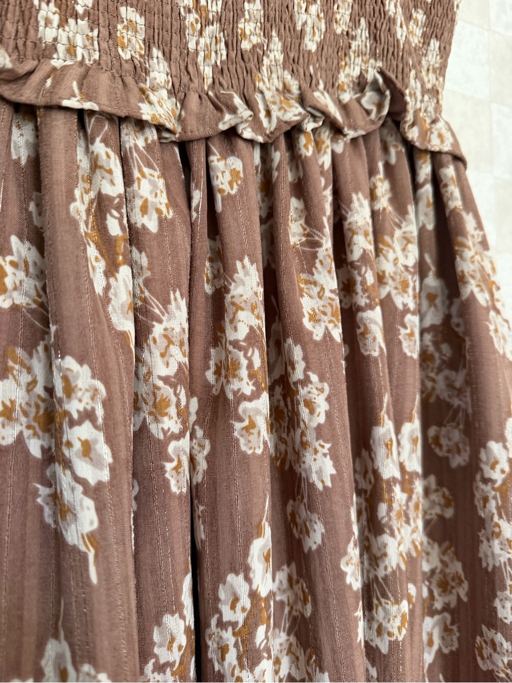Altar’d State Mocha Ania Floral Smocked Maxi Dress Metallic Thread Like New - Picture 3 of 5
